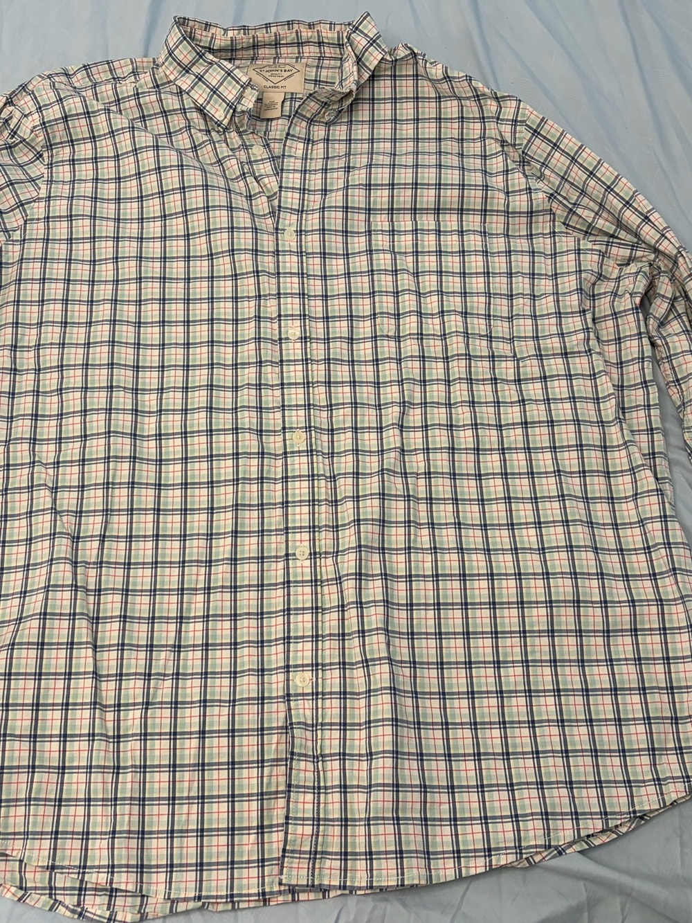 St. John's Bay White Plaid Button-Down Shirt with Blue and Pink Lines